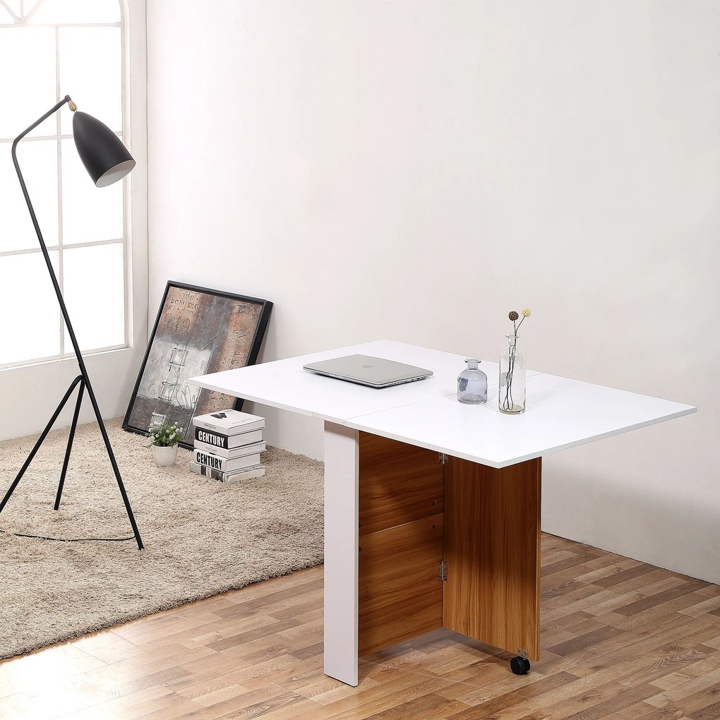 Mesa de Sala de Jantar Dobrável com Rodas Mesa Multifuncional para Sala de Jantar 120x80x73cm Branco e Teca