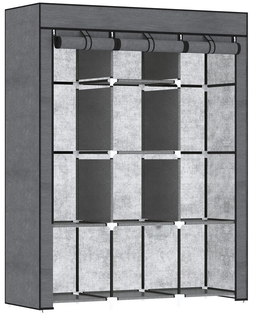 HOMCOM Roupeiro de Tecido Dobrável Armário Portátil com 8 Prateleiras de Armazenamento e 2 Barras de Pendurar Organizador de Roupa para Dormitório Vestidor 125x43x162,5 cm Cinzento