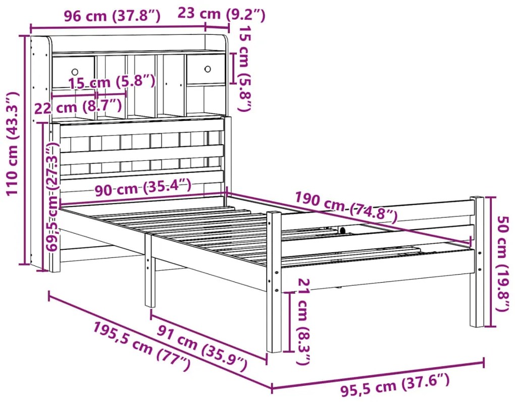 Cama com estante sem colchão 90x190 cm pinho maciço