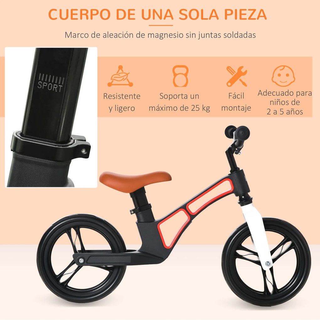 HOMCOM Bicicleta sem Pedais para Crianças de 2 a 5 anos Bicicleta de Equilibrio Infantil com Assento e Guidão Ajustáveis Rodas de Borracha 86x41x49-56cm Preto