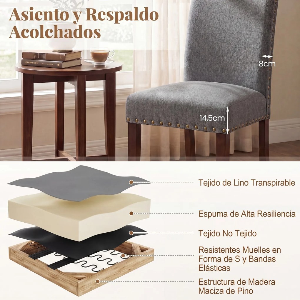 Conjunto de 2 Cadeiras de Jantar Estofadas, 44,5 x 67 x 96 cm, Assento Acolchoado, Cinzento