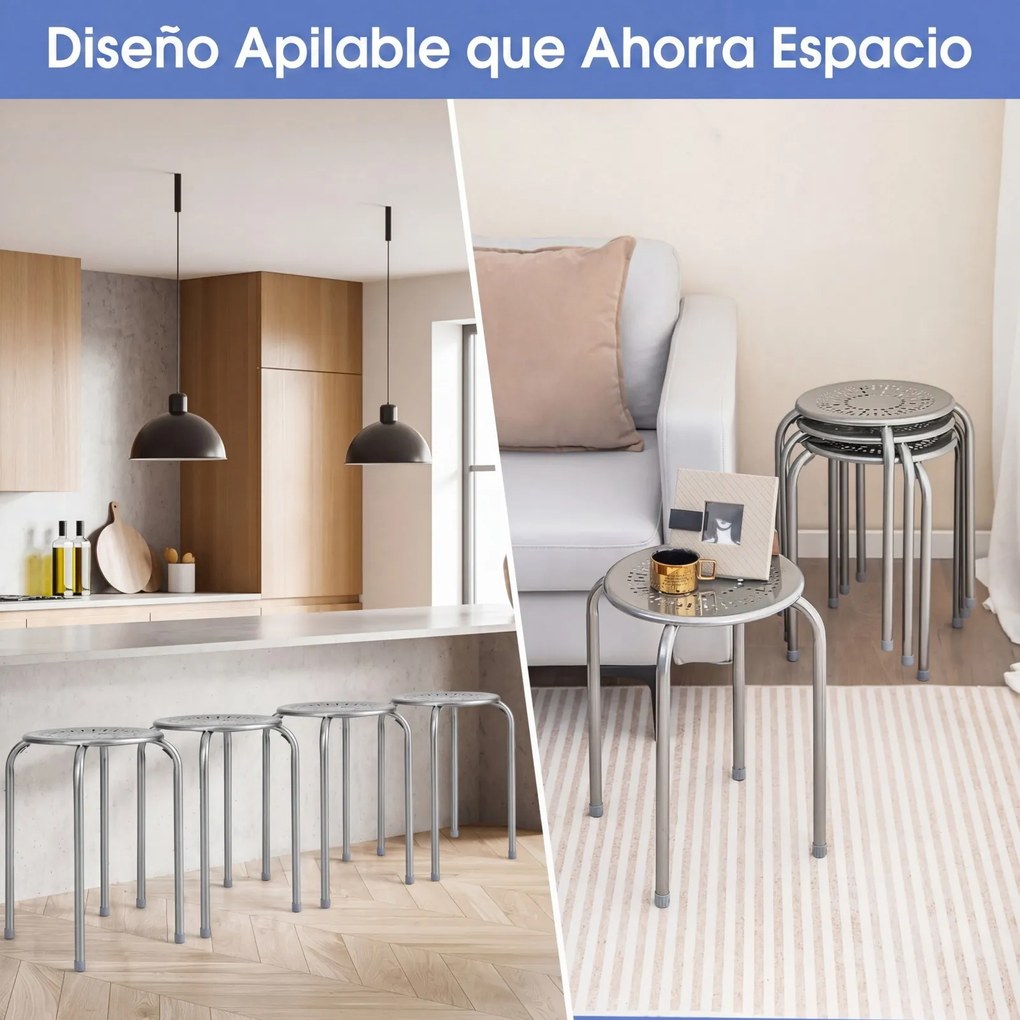 Conjunto de 6 Bancos Empilháveis, 30 x 30 x 44,5 cm, Estrutura Metálica Resistente, Prateado