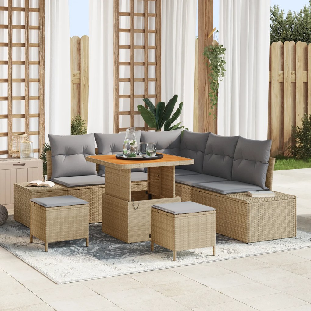 Conjunto de Sofás de Jardim de 8 peças com Almofadas em Vime PE Bege Acácia