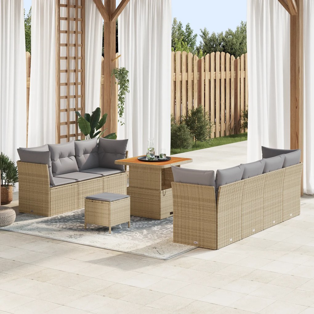 vidaXL Conjunto de Sofá de Jardim com 10 Peças e Almofadas em Poliéster Bege Rattan Acácia