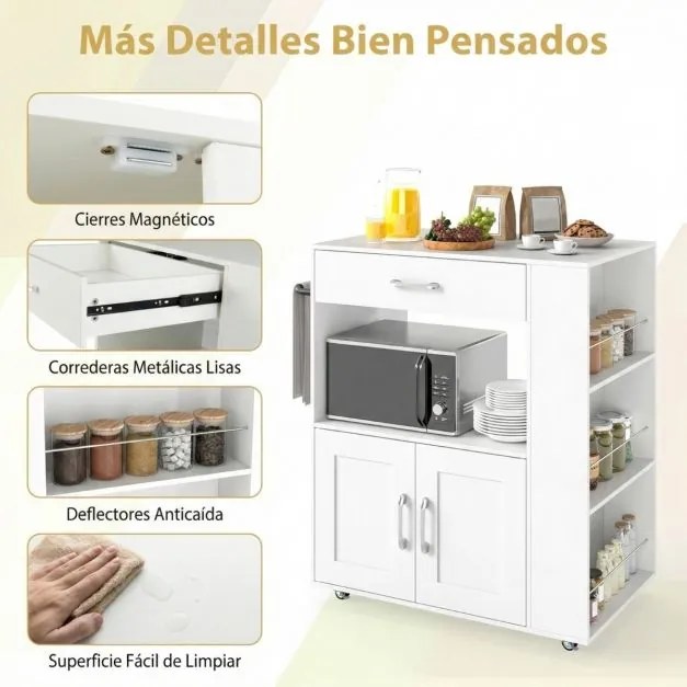 Carrinho de cozinha 75 x 46 x 90,5 cm com rodas bloqueáveis, cubo aberto dupla face, prateleiras laterais, gaveta, toalheiro branco