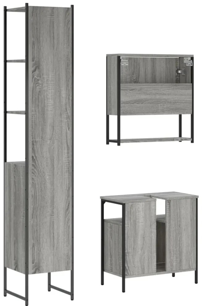 3 pcs Conjunto móveis casa de banho madeira proc. cinza sonoma