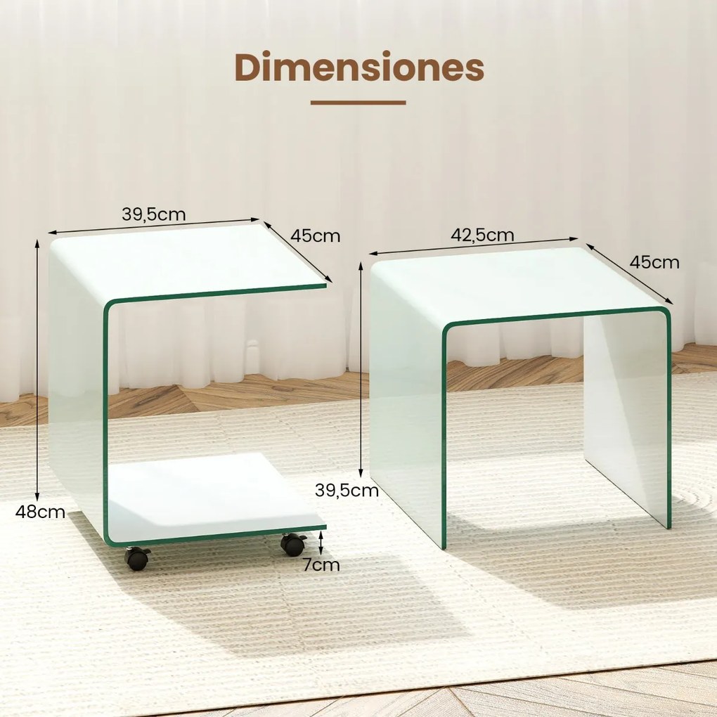 Mesa auxiliar em forma de C em vidro temperado 39,5 x 45 x 48 com prateleira de 2 níveis 4 rodas giratórias bloqueáveis Branco