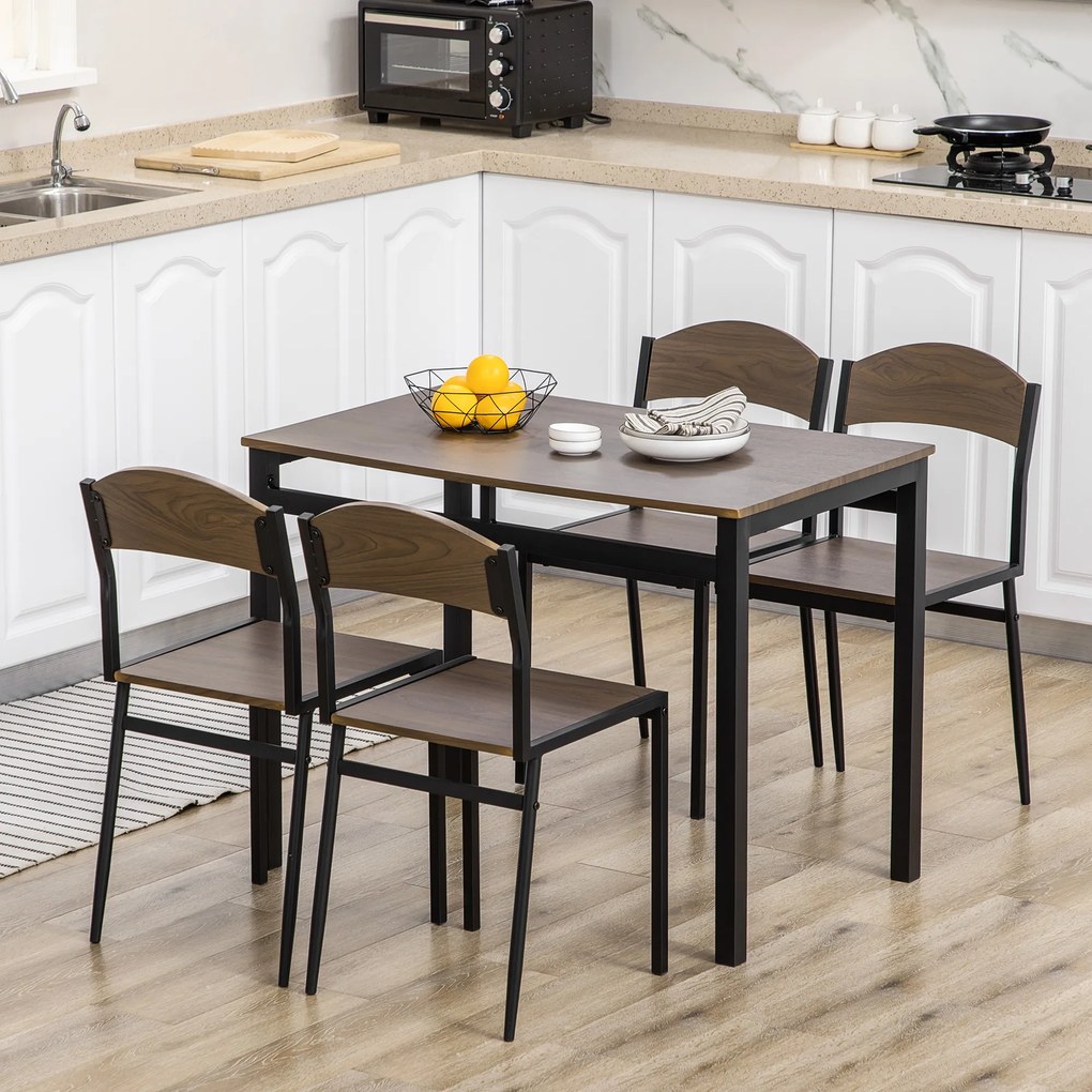 Conjunto de Mesa e Cadeiras de Refeição Mesa de Cozinha Retangular com 4 Cadeiras Estilo Moderno Castanho Escuro e Preto