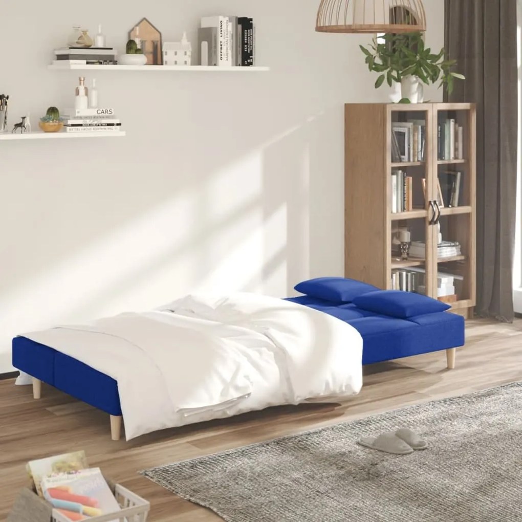 Sofá-cama 2 lugares com duas almofadas tecido azul