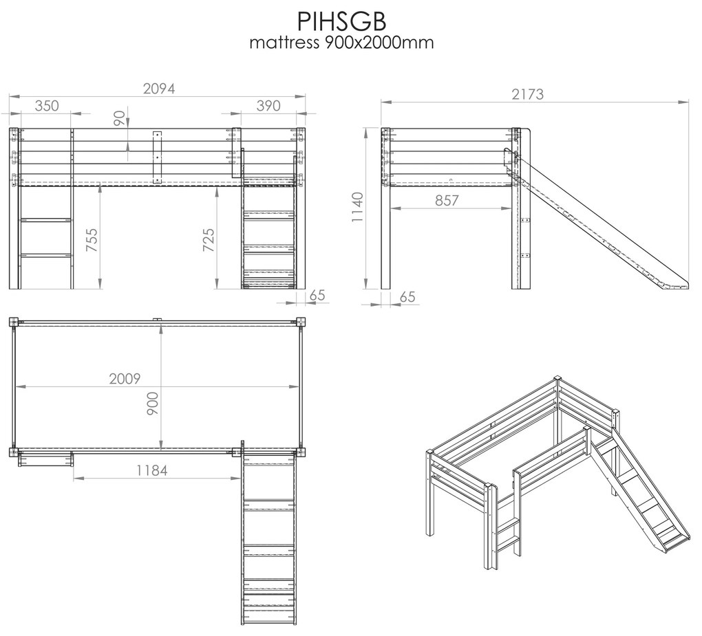 Conjunto Cama alta de Criança PINO 90 x 200 cm + estrado + escada + escorrega + cortina + 3 bolsas Astronauta branca