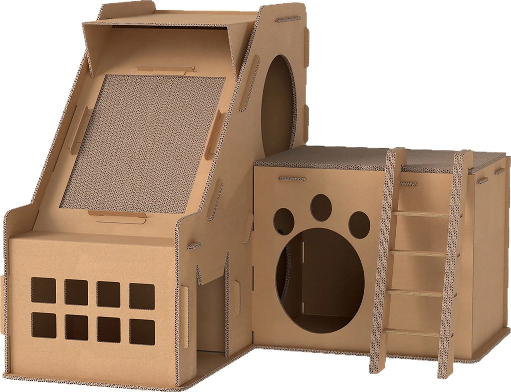 PawHut Arranhador para Gatos em Forma de Castelo 2 em 1 com 2 Áreas para Arranhar Catnip Rampa e Escada 67x66x57 cm Castanho | Aosom Portugal