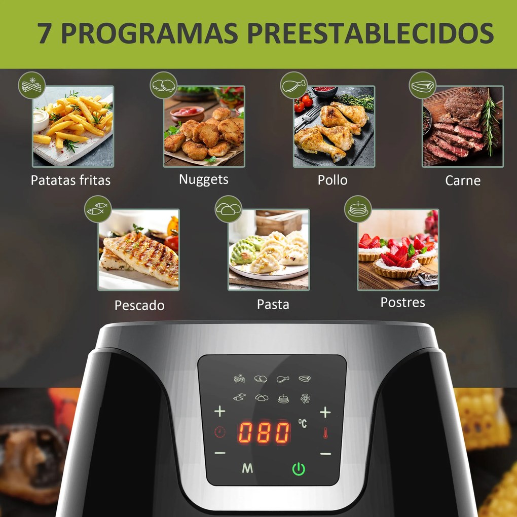 HOMCOM Fritadeira sem Óleo 3,5L Fritadeira de Ar Inteligente 15000W com Tela Tátil 7 Programas Temporizador Temperatura Ajustável e Desligamento Automático 34,4x28,1x30,6cm Preto