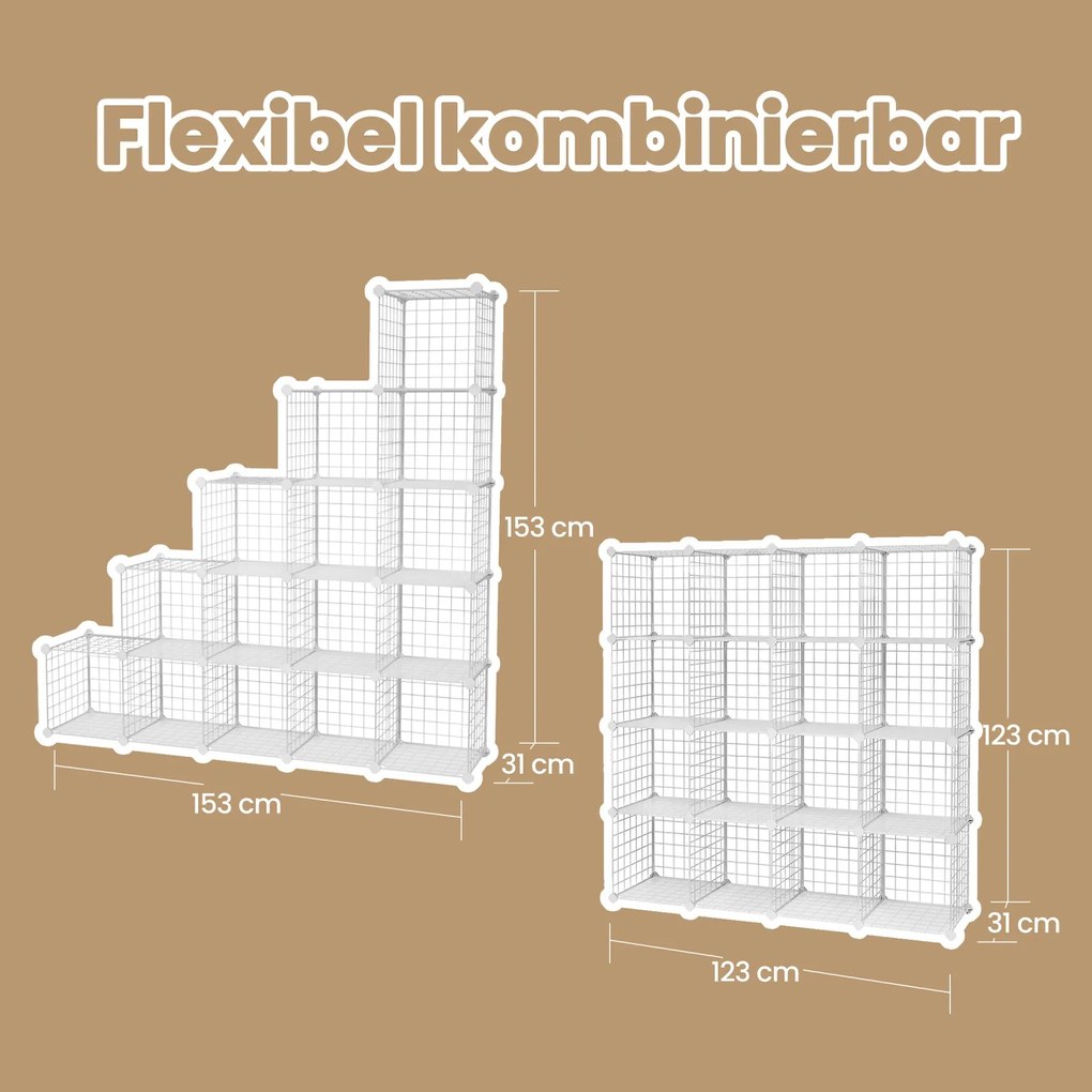 Sistema de prateleiras encaixáveis arrumação com 16 cubos de grelha 123 x 31 x 123 cm (L x P x A) branco