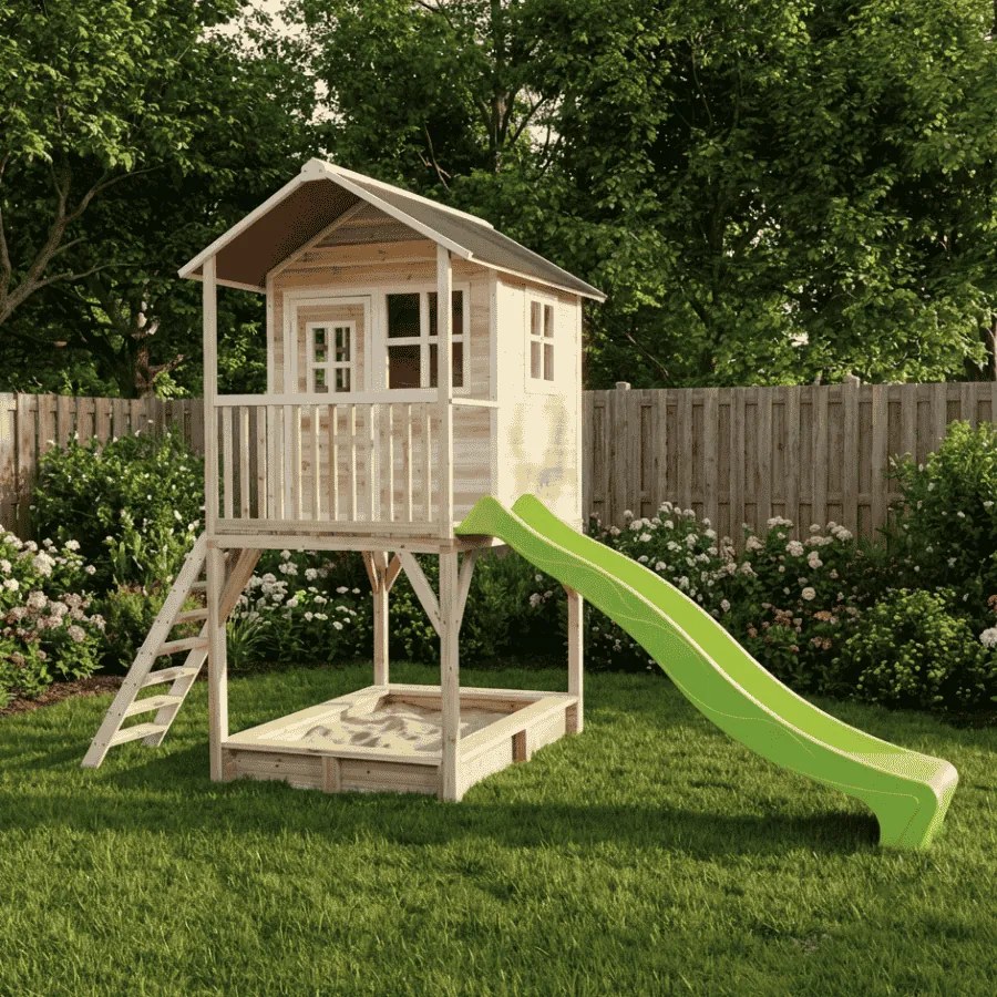 Casa de brincar infantil exterior para crianças Loft 700 em madeira com escorrega e caixa areia - Natural
