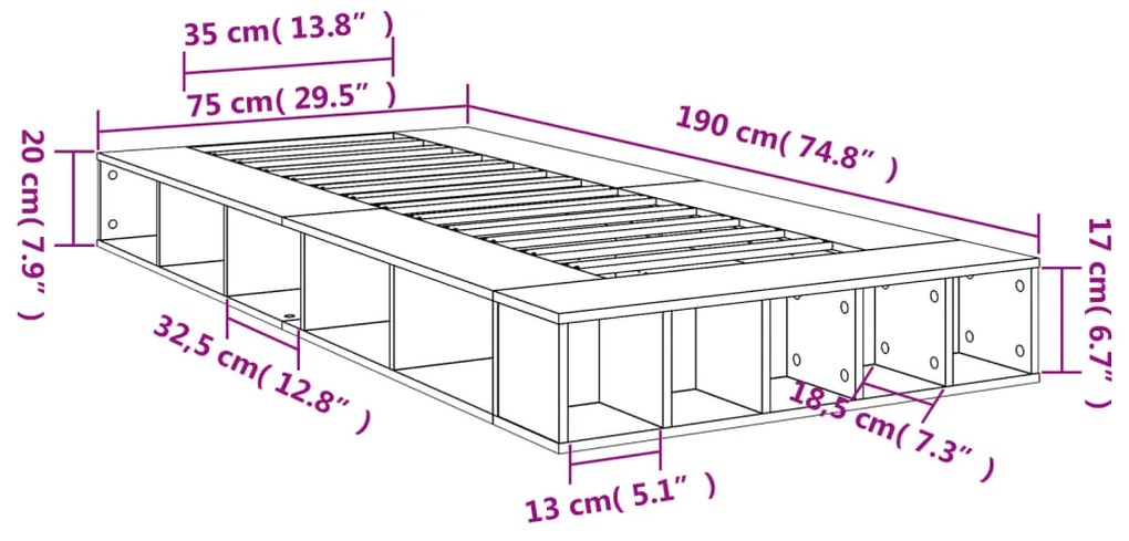 Estrutura de cama 75x190 cm derivados madeira carvalho castanho