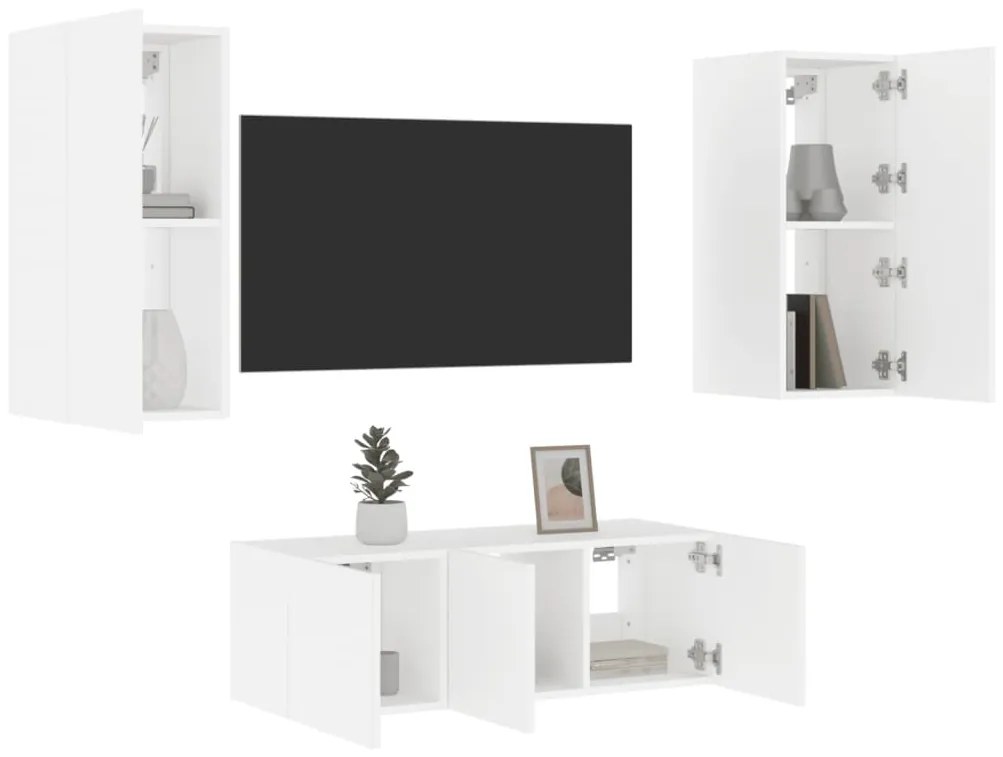 vidaXL 4pcs móveis de parede p/ TV c/ LEDs derivados de madeira branco
