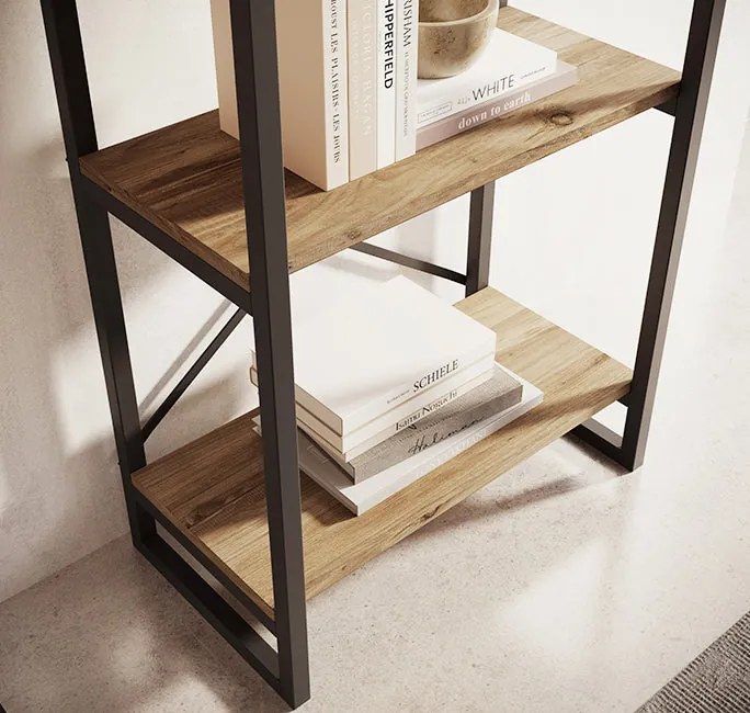 Estante Faro – 55x30x138 cm – Pinho Atlântico e Aço Preto – 4 Pratelei
