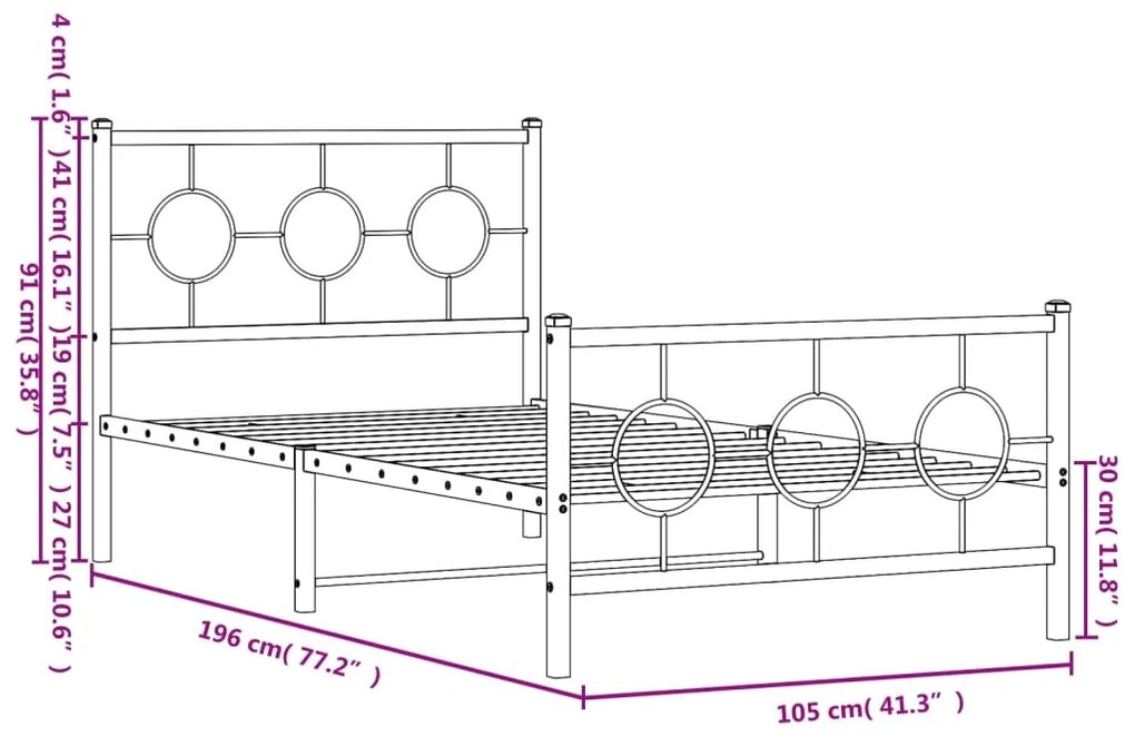 Estrutura de cama com cabeceira e pés 100x190 cm metal branco