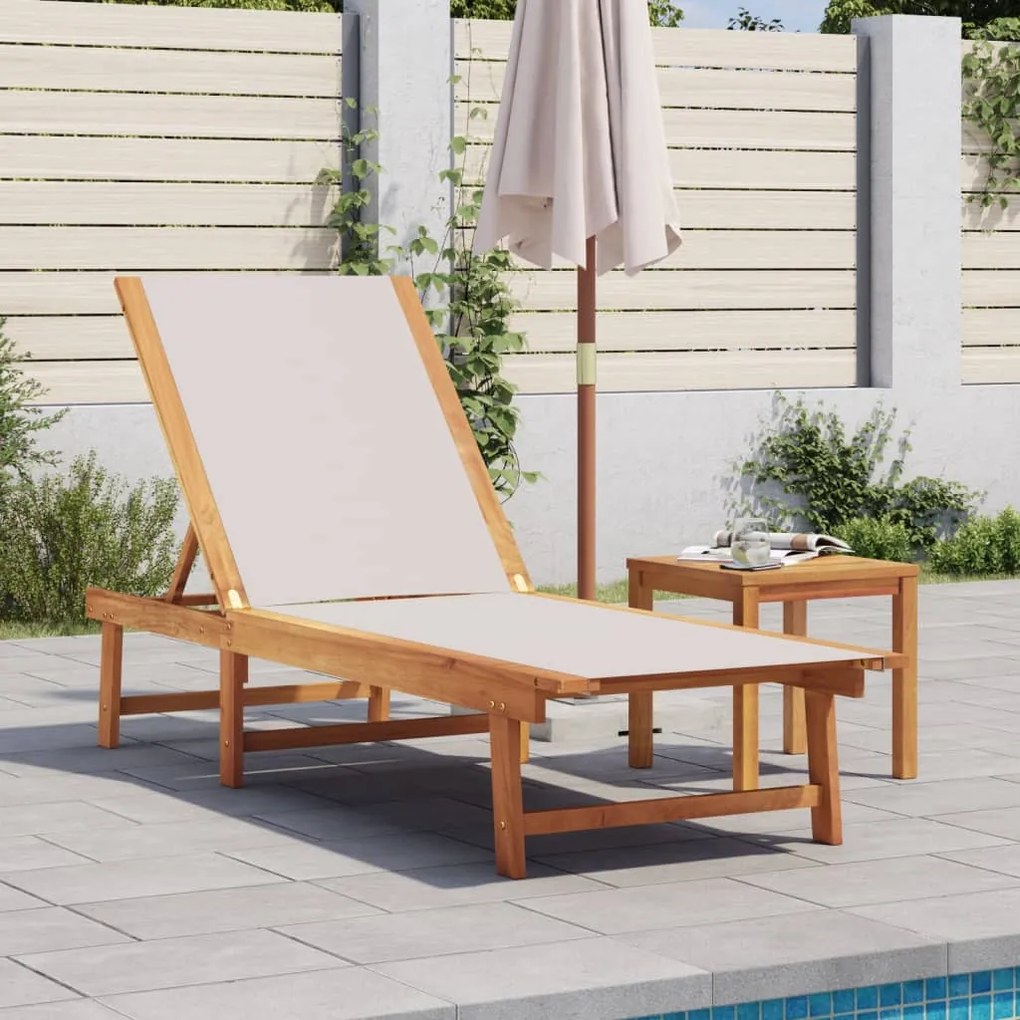 vidaXL Espreguiçadeira com mesa acácia maciça e textilene cinzento