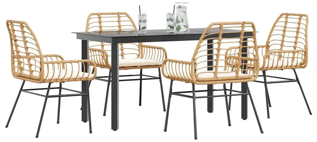 Conjunto jantar jardim 5 peças almofadas vidro vime PE castanho