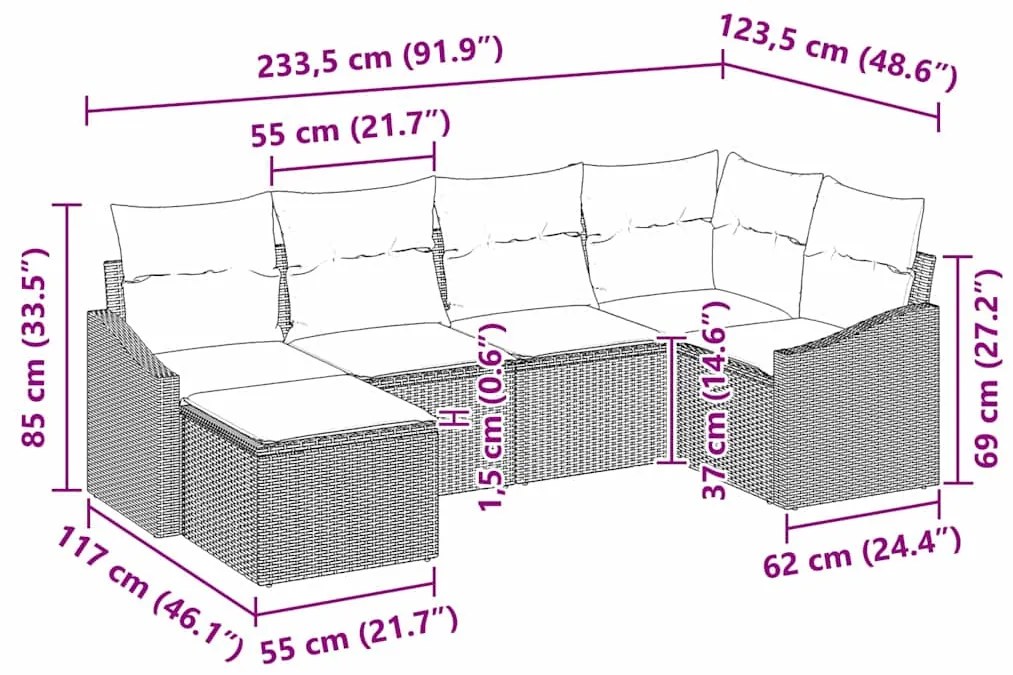 Conjunto de Sofás de Jardim com 6 peças e almofadas bege em rattan sin