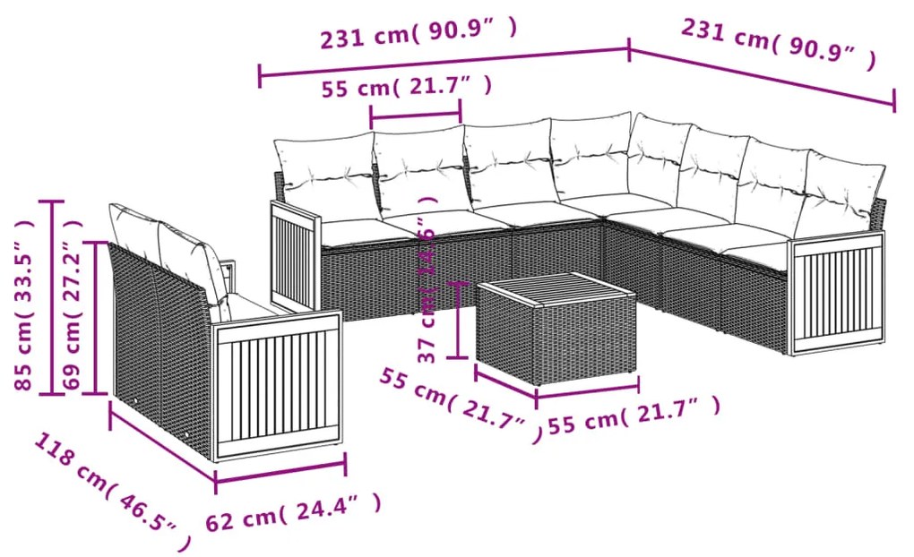 10 pcs conjunto sofás de jardim c/ almofadões vime PE preto