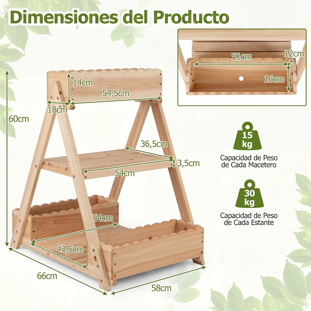 Floreira Elevada 66 x 58 x 60 cm em Madeira de Abeto com 3 Vasos, 2 Estantes e Sistema de Drenagem para Flores, Frutas e Jardim Natural