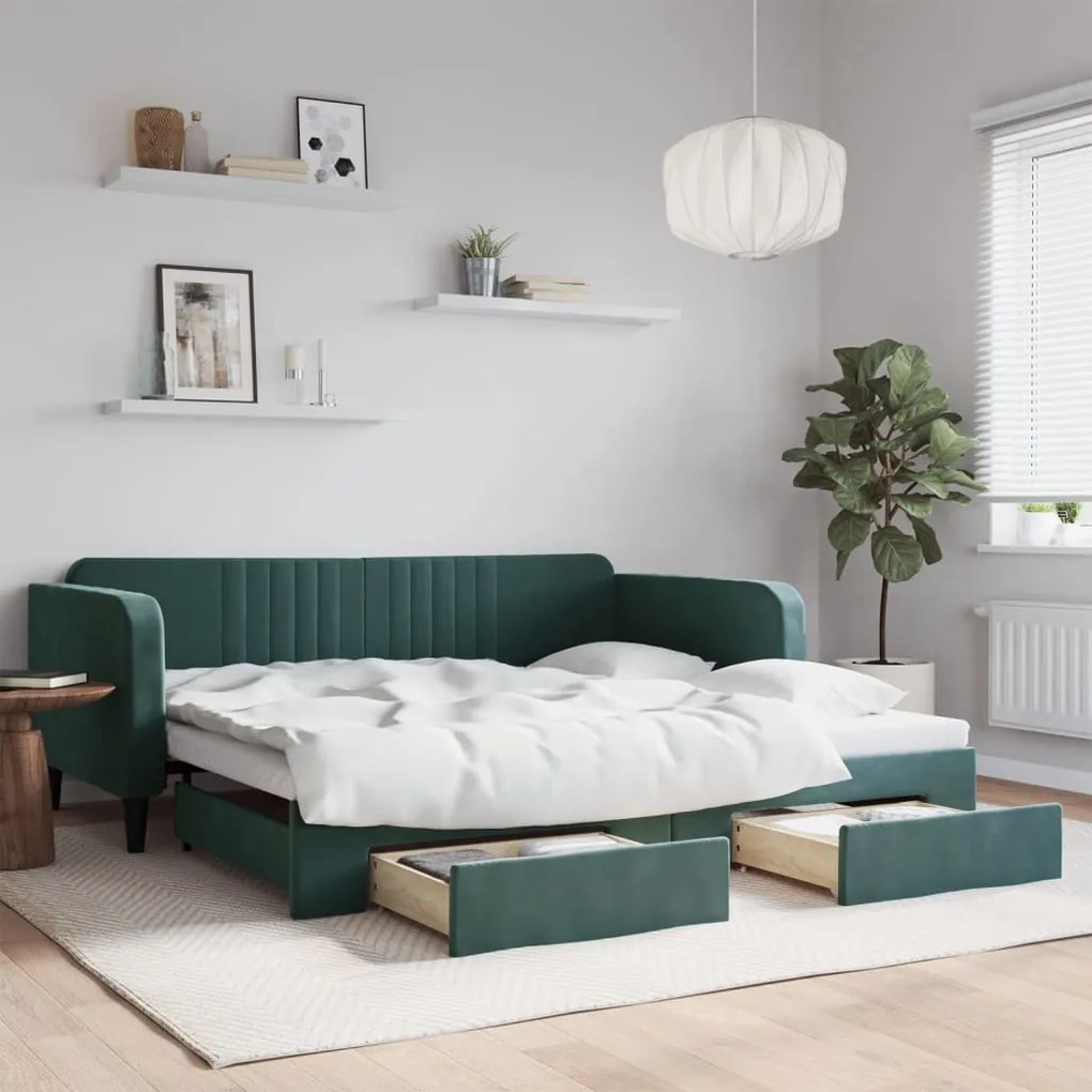 Sofá-cama c/ gavetão e gavetas 100x200 cm veludo verde-escuro