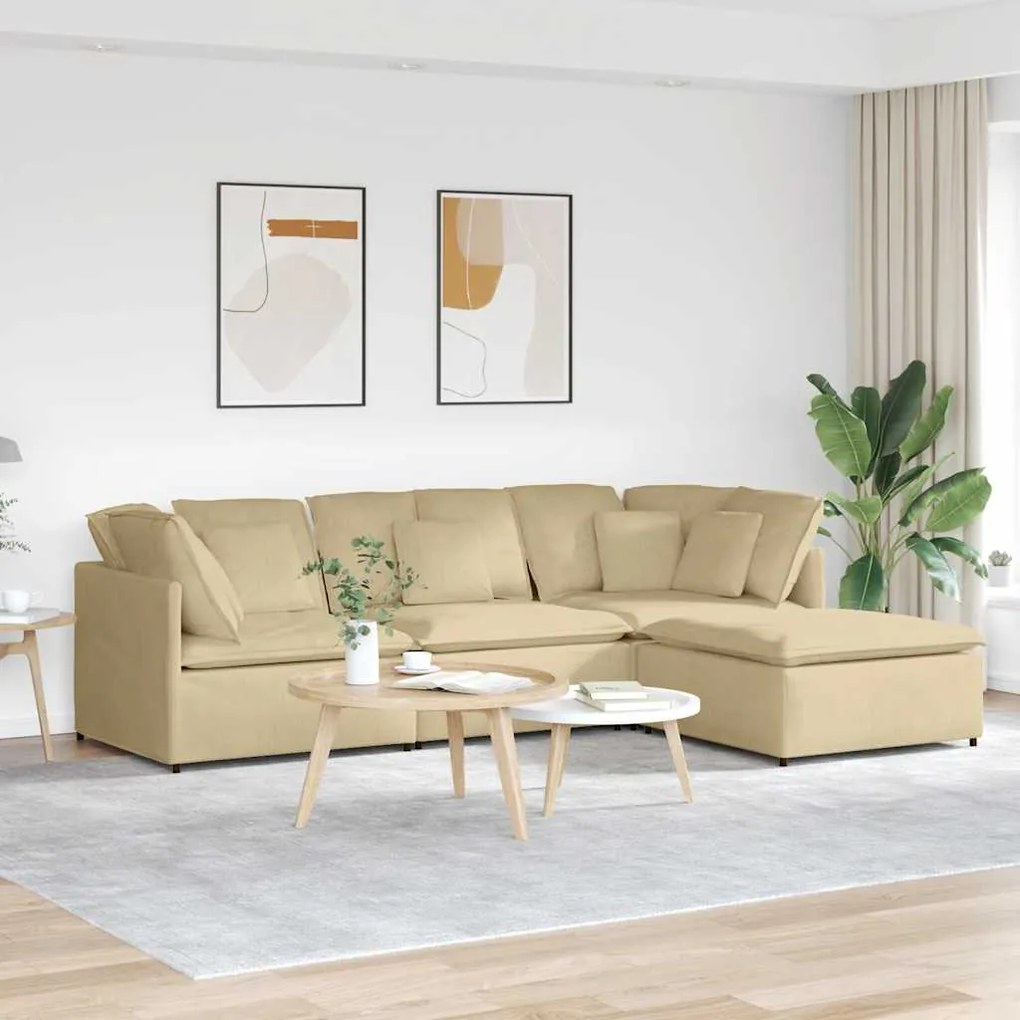 Sofá modular com pufes e almofadas tecido corduroy