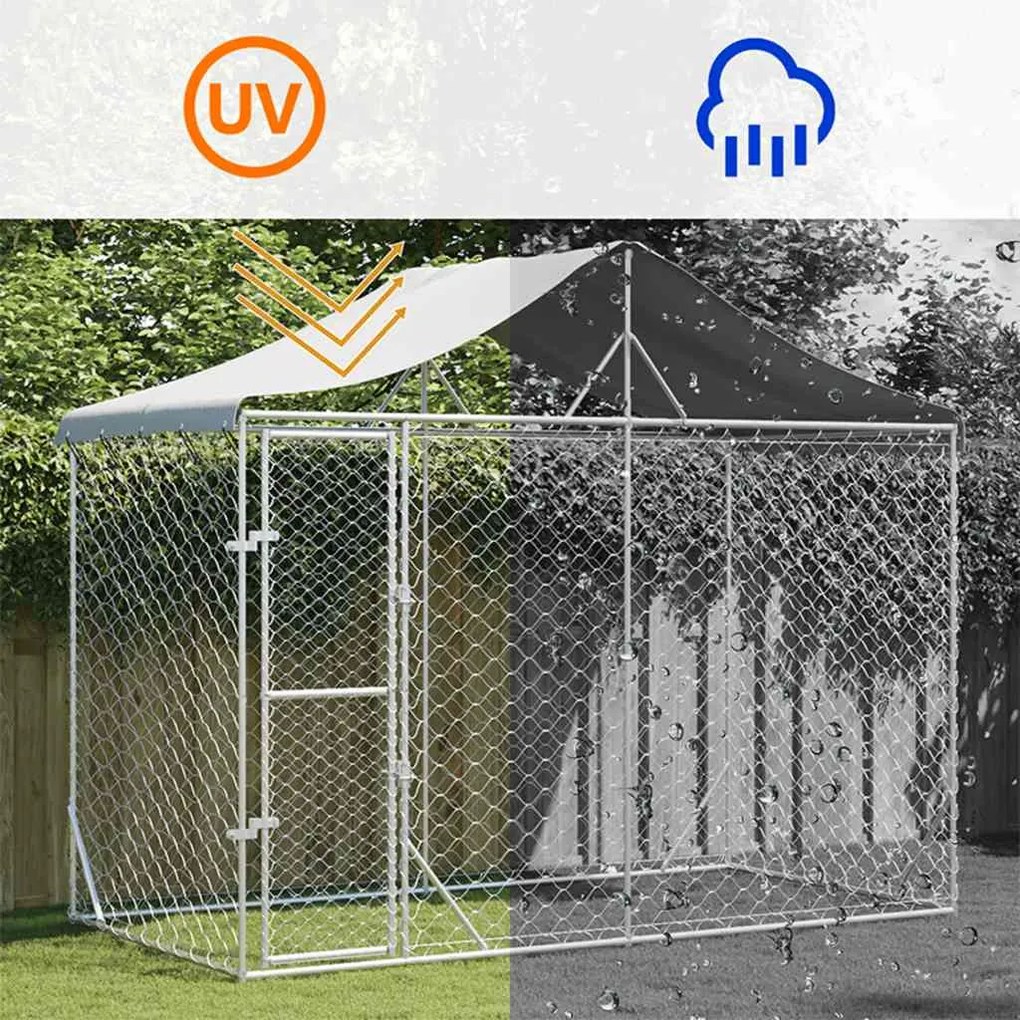Canil de exterior com teto 3x1,5x2,5 m aço galvanizado prateado