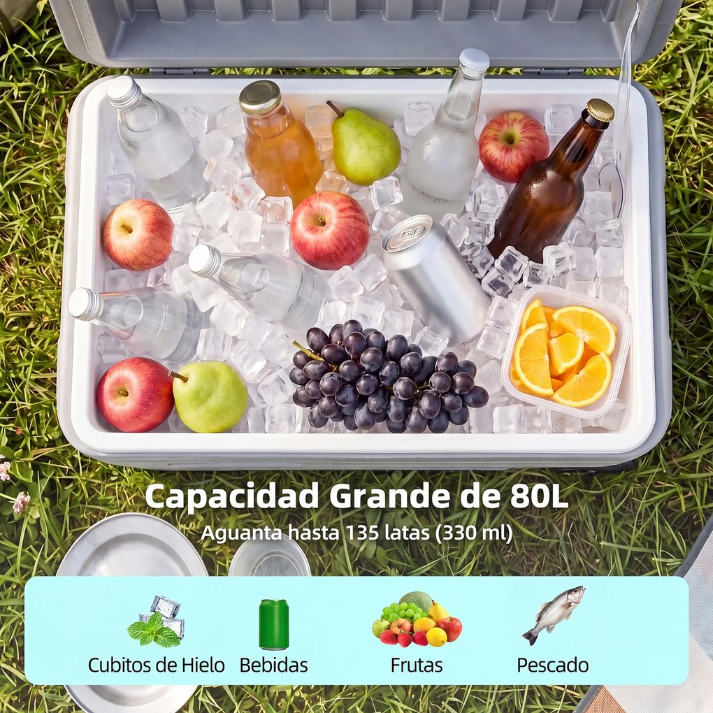 Geleira Portátil, 70,5 x 44,5 x 44,5 cm, Grande Capacidade de 80 L, Cinzento