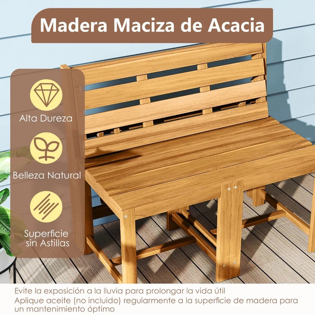 Banco de madeira de acácia 3 em 1, convertível em mesa e cadeiras + estante para plantas multifuncional para terraço e jardim, com um estilo natural