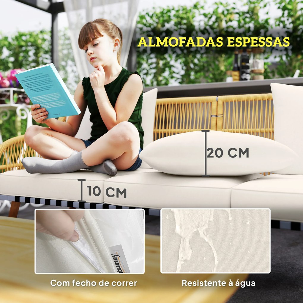 Conjunto de Jardim em Vime com Almofadas Móveis de Exterior com 2 Poltronas Sofá de 3 Lugares Mesa Creme e Madeira