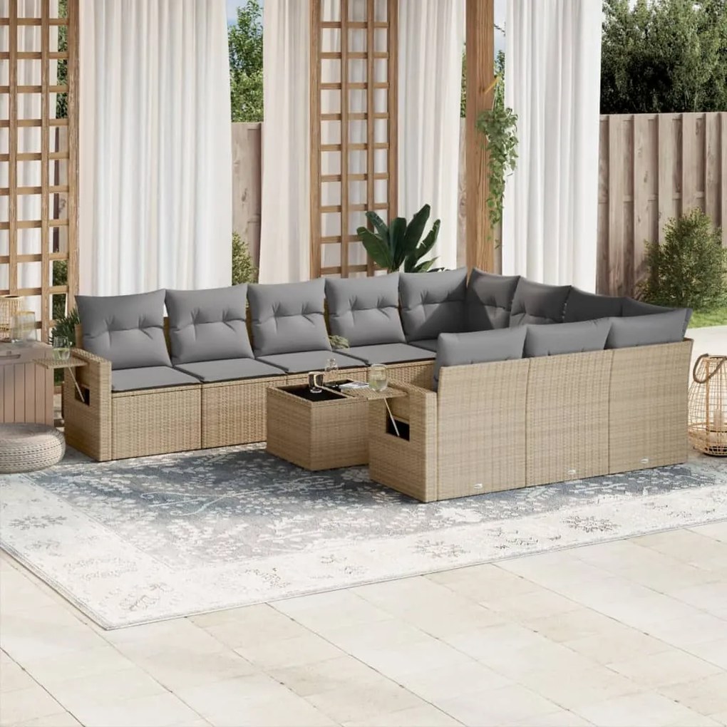 11 pcs conjunto sofás de jardim c/ almofadões vime PE bege