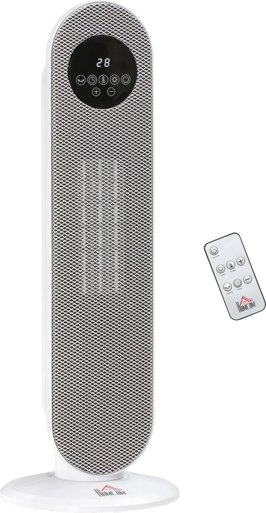 HOMCOM Aquecedor Elétrico Cerâmico PTC 1300/2000 W com Controlo Remoto, Oscilação 45°, Temporizador 12 h, Branco | Aosom Portugal