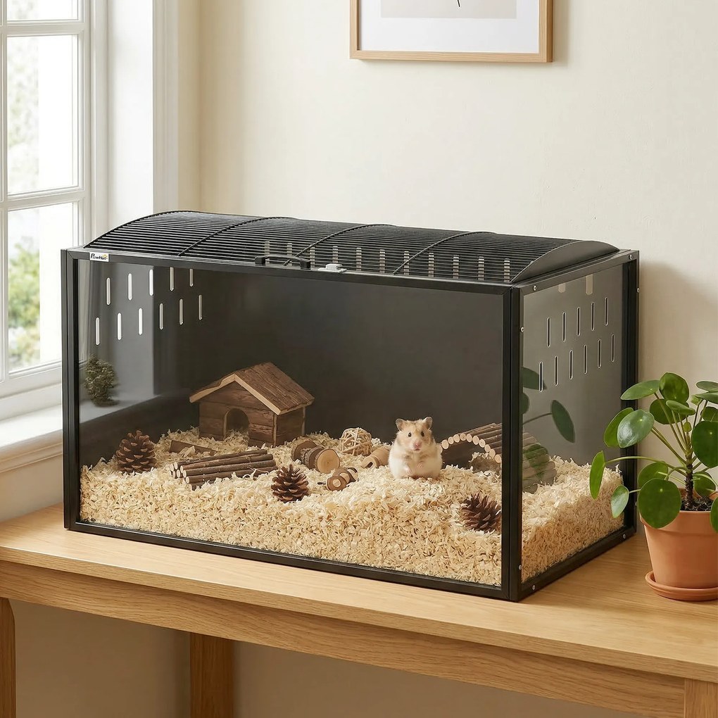 Gaiola Grande para Hamster 105x51x53 cm com Tampa Ventilada Rebatível Estrutura de Aço e Painéis Transparentes Preto