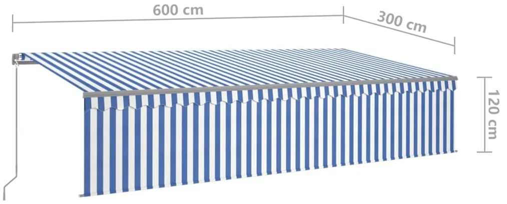Toldo retrátil manual com estore/LED 6x3 m azul e branco