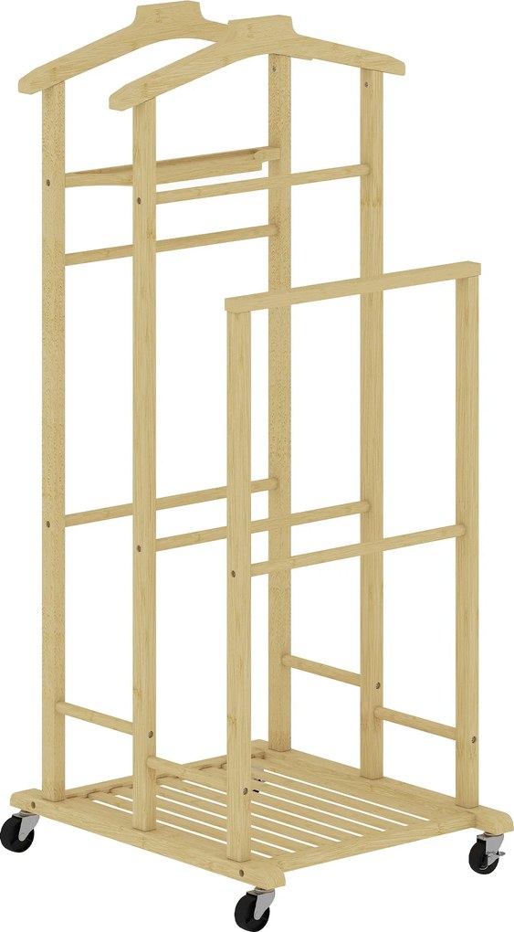 Cabide roupa de Noite em Bambu com Rodas, Cabides para Roupa, Suporte para Calças, Bandeja e Prateleira, Natural