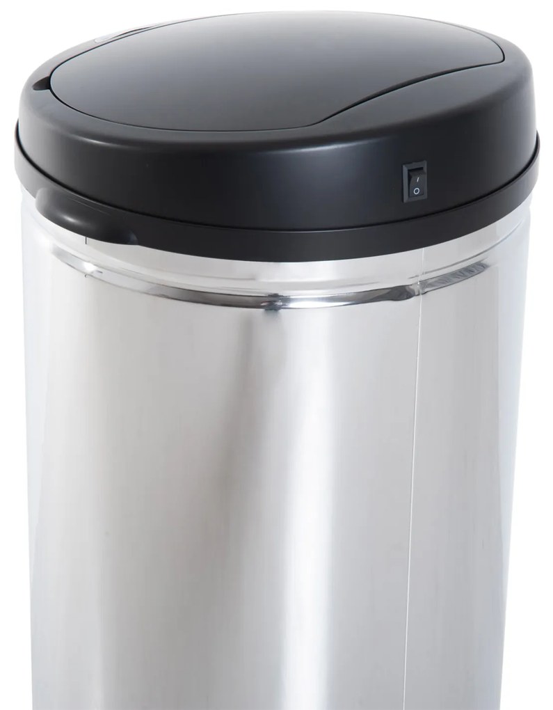 HOMCOM Balde de Lixo Inteligente de Aço Inoxidável 50L com Sensor Infravermelho de Abertura Automática para Cozinha Dormitório Casa de Banho Ø30,5x81,5cm Prata e Preto