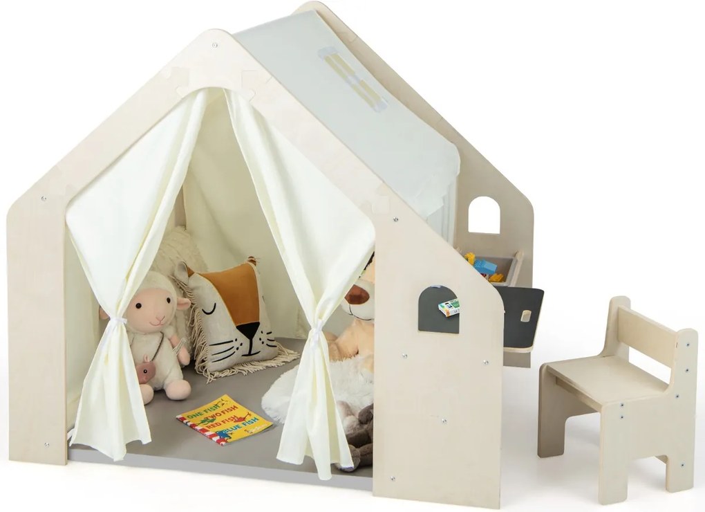 Tenda de brincar para crianças 6 em 1 para crianças dos 2 aos 6 anos com quadro de madeira cortinas secretária mesa cadeira estante 131 x 98 x 113 cm