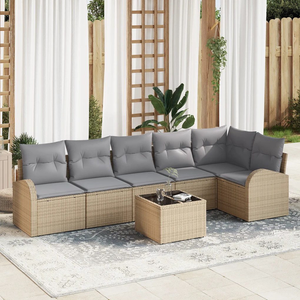 Conjunto de Sofá de Jardim 7 Peças com Almofadas Polyrattan Preto, Sof