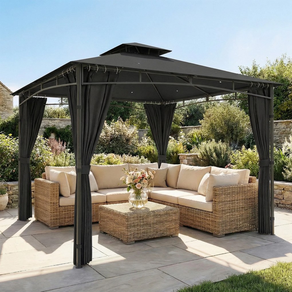 Tenda de jardim 3x3 m para exterior com estrutura retrátil e cobertura dupla UV50+ impermeável, cinza antracite