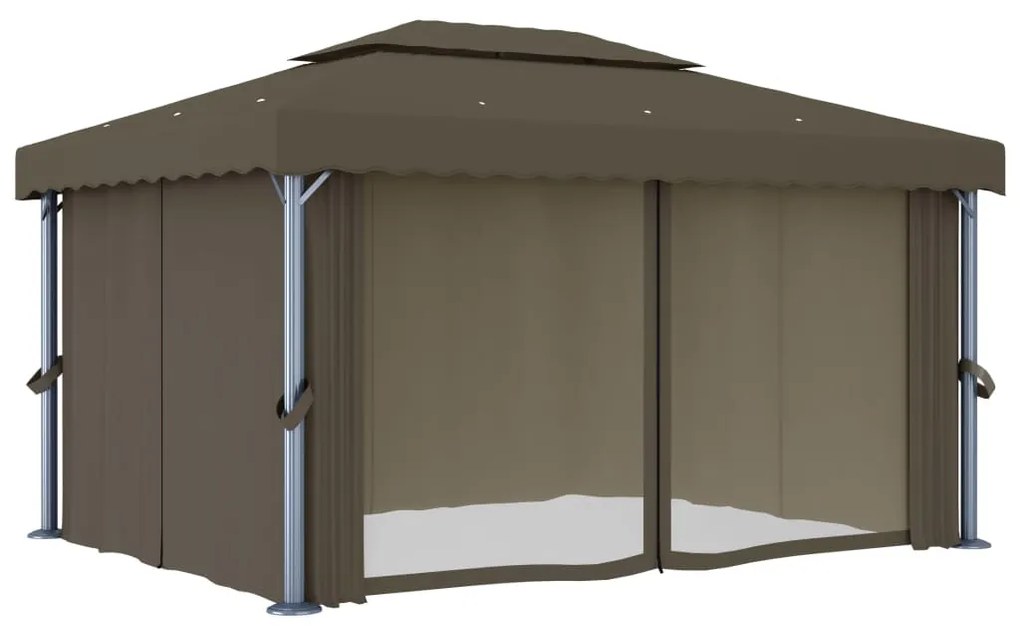 Gazebo com cortinas e cordões de luzes LED 4x3 m cinza-acastan.