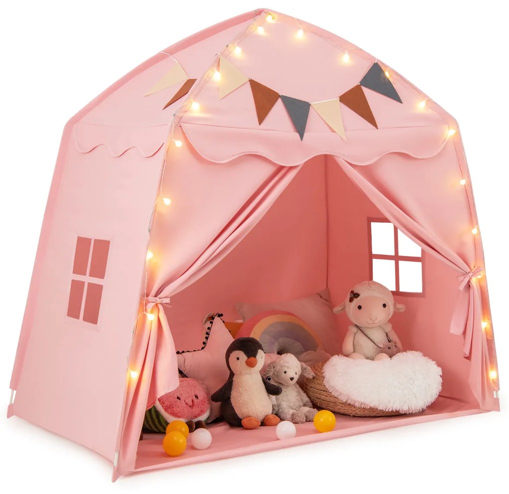 Tenda para crianças 157 x 98 x 148 cm com faixas e luzes de cordas Casa de brincar grande para crianças dos 3 aos 12 anos Rosa