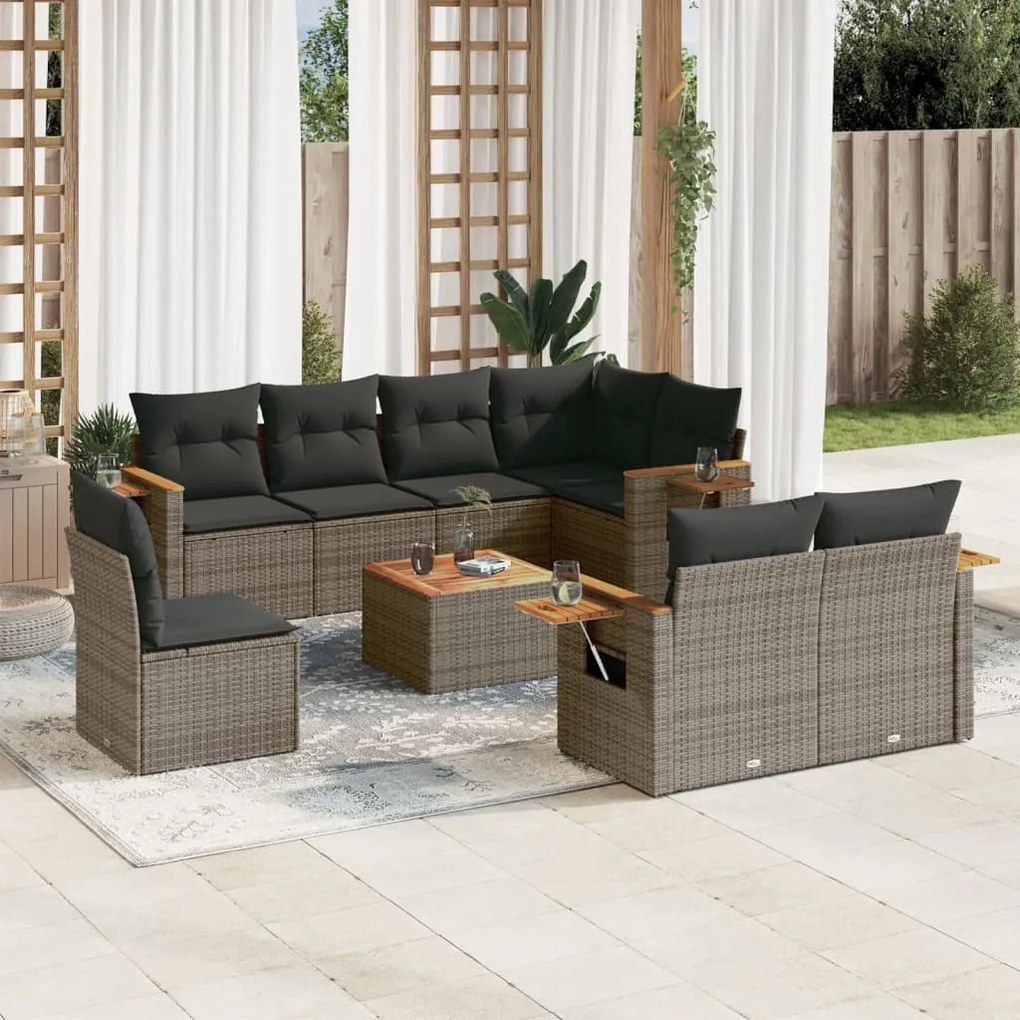 9 pcs conjunto sofás p/ jardim com almofadões vime PE cinzento