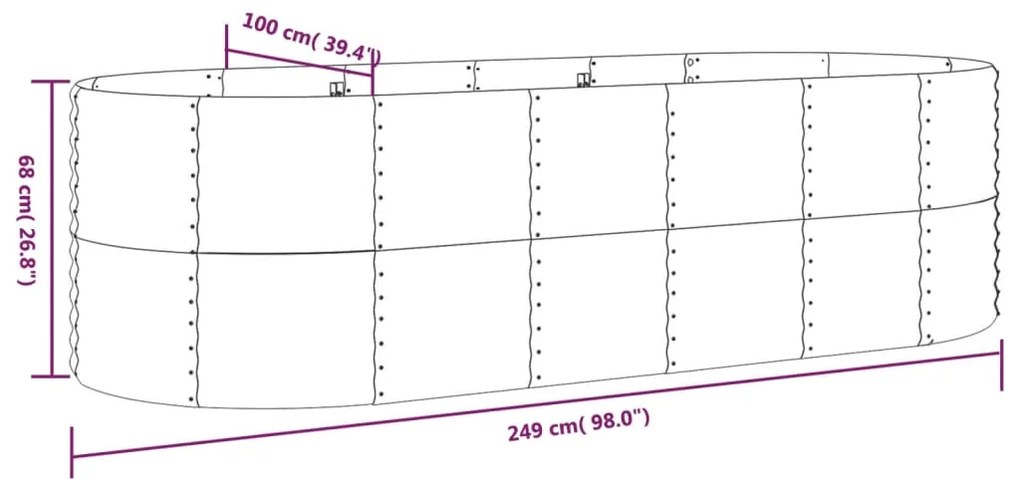 Canteiro elevado jardim 249x100x68 aço revestido a pó prateado