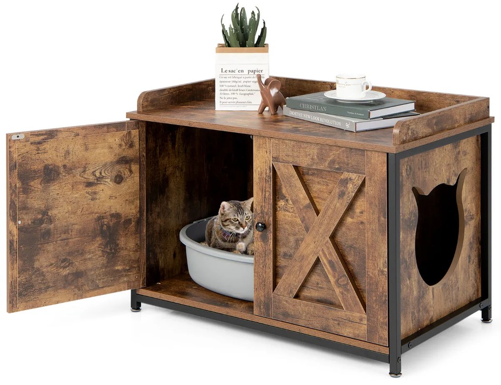 Armário para caixa areia gatos com portas duplas, móvel decorativo 80 x 50 x 58 cm, castanho