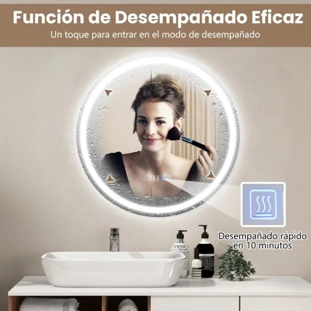 Espelho de casa de banho redondo com luz LED Brilho continuamente ajustável 3 temperaturas de cor Função anti-embaciamento e de memória 60 x 60 cm