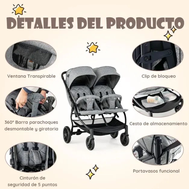 Carrinho de Bebé Duplo Gémeos Carrinho de Bebé Dobrável com Um Botão Portátil Reclinável Encosto Ajustável Toldo 0-3 Anos Cinzento