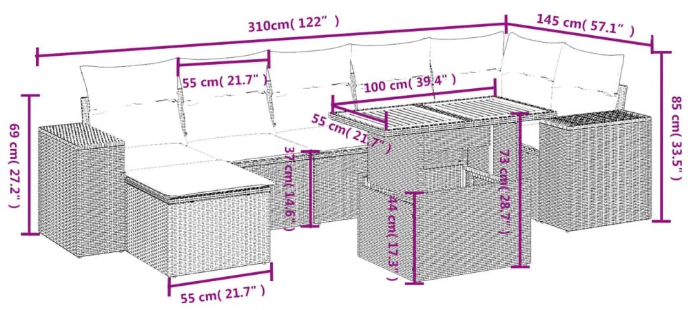 8 pcs conjunto sofás de jardim com almofadões vime PE preto